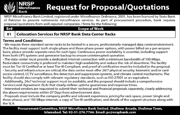 NRSP Microfinance Bank Islamabad Tender Notice